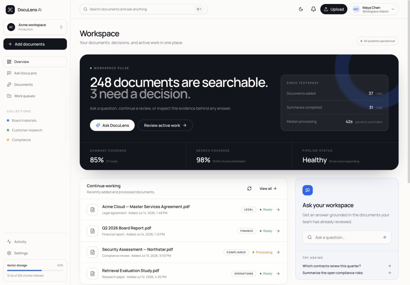 DocuLens AI workspace: an ingested document beside its retrieved, cited passages